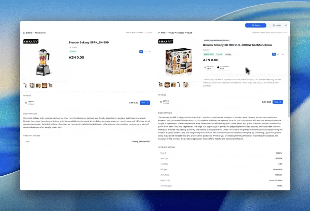 Youzu catalogue before-and-after view compares a raw blender listing with a processed product record containing a clearer title, enriched description, category, attributes, and product details.