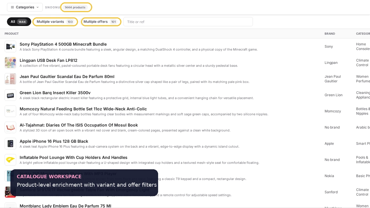 Snoonu catalogue workspace with product thumbnails, enriched descriptions, category fields, and filters for product variants and multiple offers.
