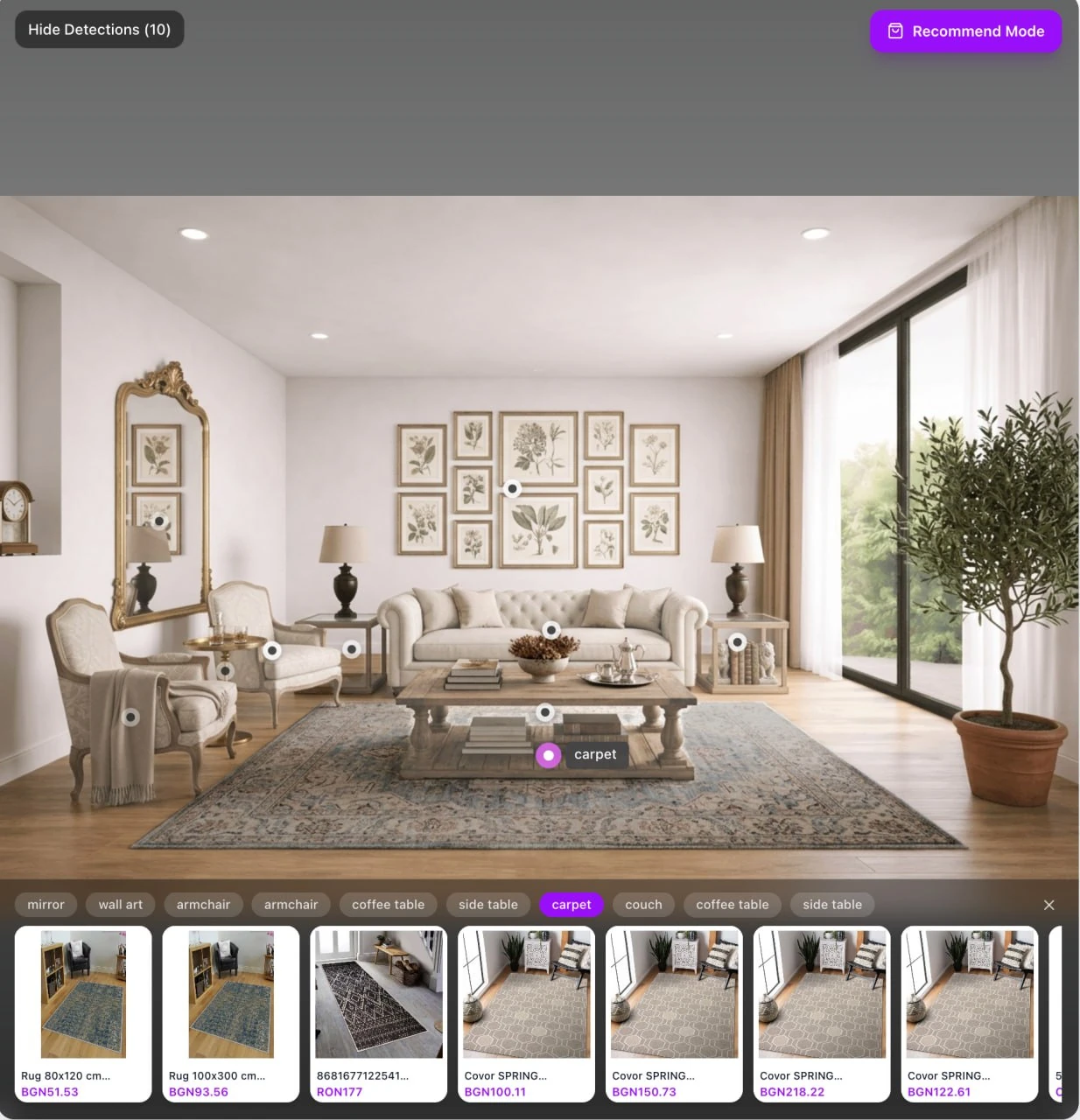 Room Intelligence Recommend Mode showing a detected carpet and product choices from a retail catalogue