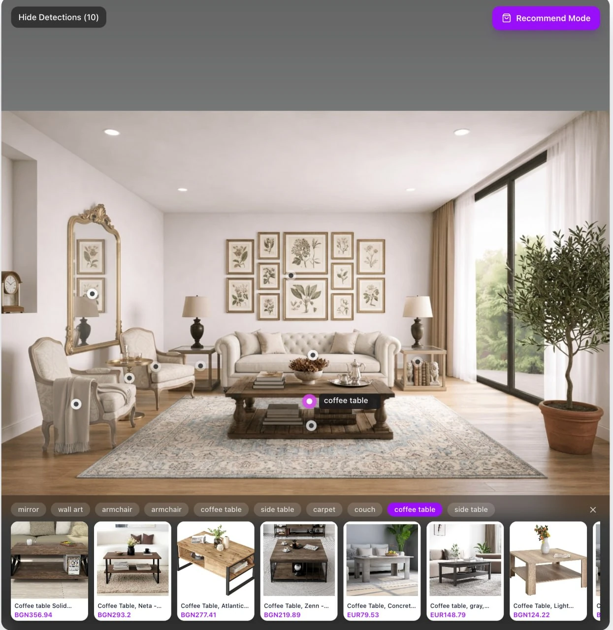 Room Intelligence Recommend Mode showing a detected coffee table and product choices from a retail catalogue