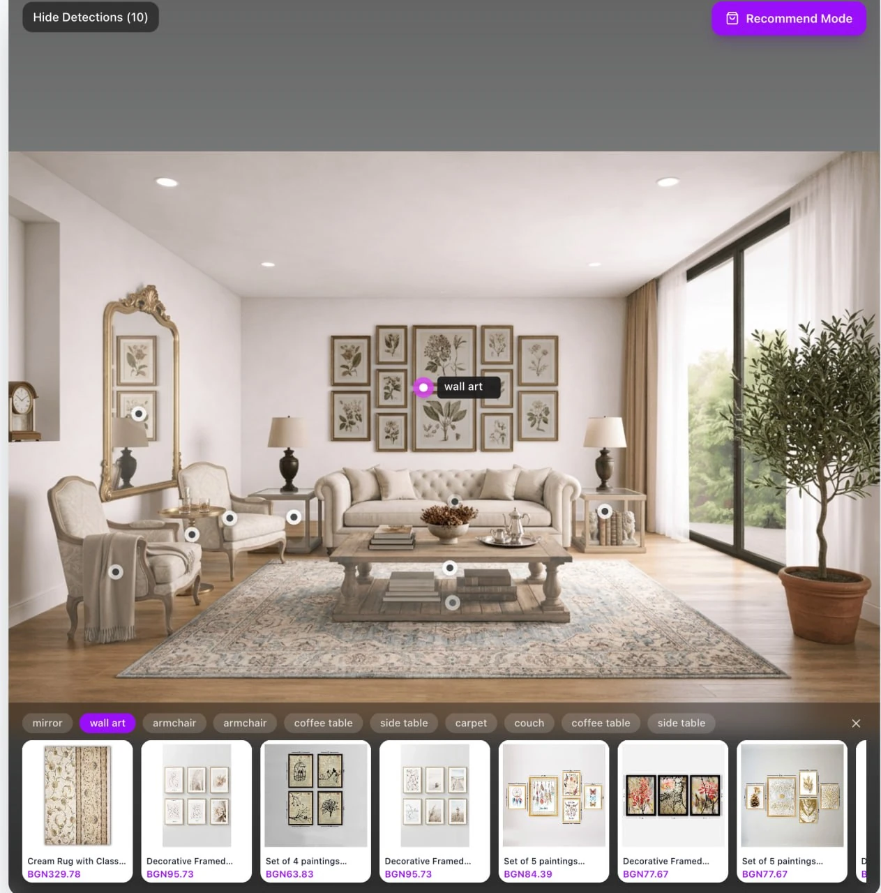 Room Intelligence Recommend Mode showing detected wall art and product choices from a retail catalogue