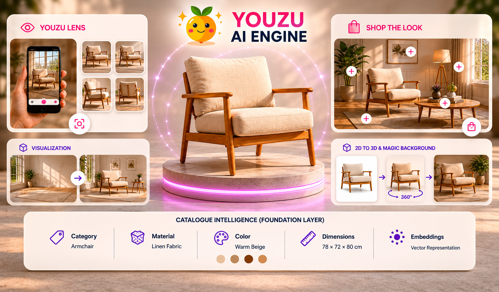 Youzu AI Engine visual showing Youzu Lens image search, Shop the Look, room visualization, 2D-to-3D, and a shared catalogue intelligence foundation.
