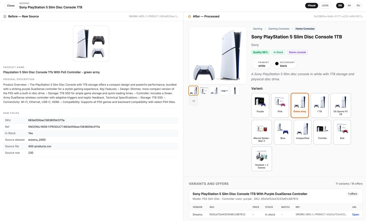 Snoonu catalogue demo showing a seller listing beside a processed product with variants and offers