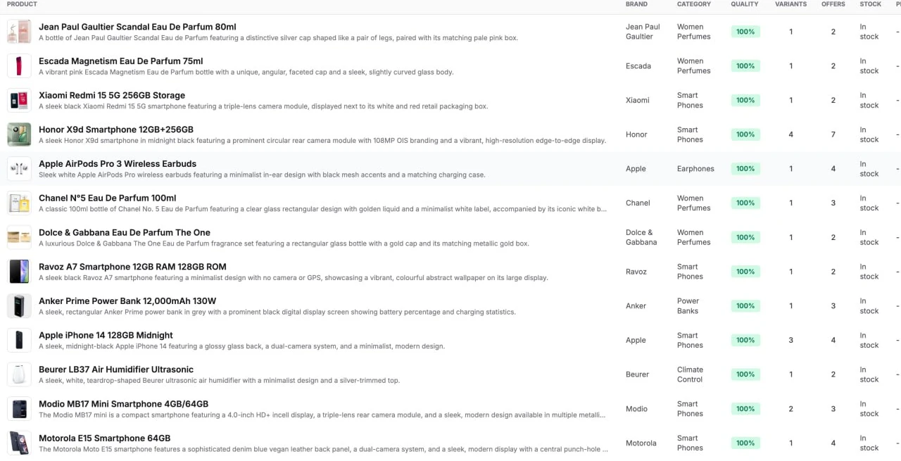 Snoonu catalogue demo showing product rows with variants and offers in separate columns
