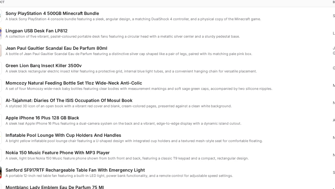 Public Snoonu catalogue environment showing product records with images, names, brands, and categories