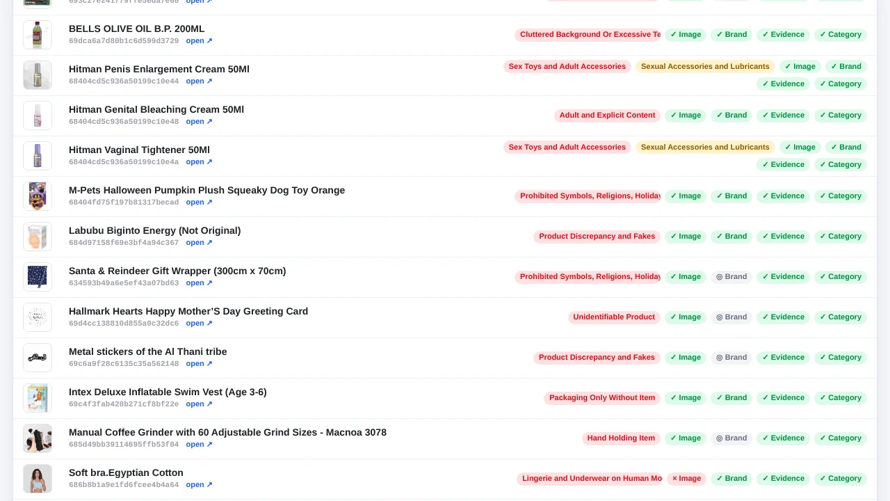 Public moderation environment showing catalogue records routed with policy reasons and review outcomes
