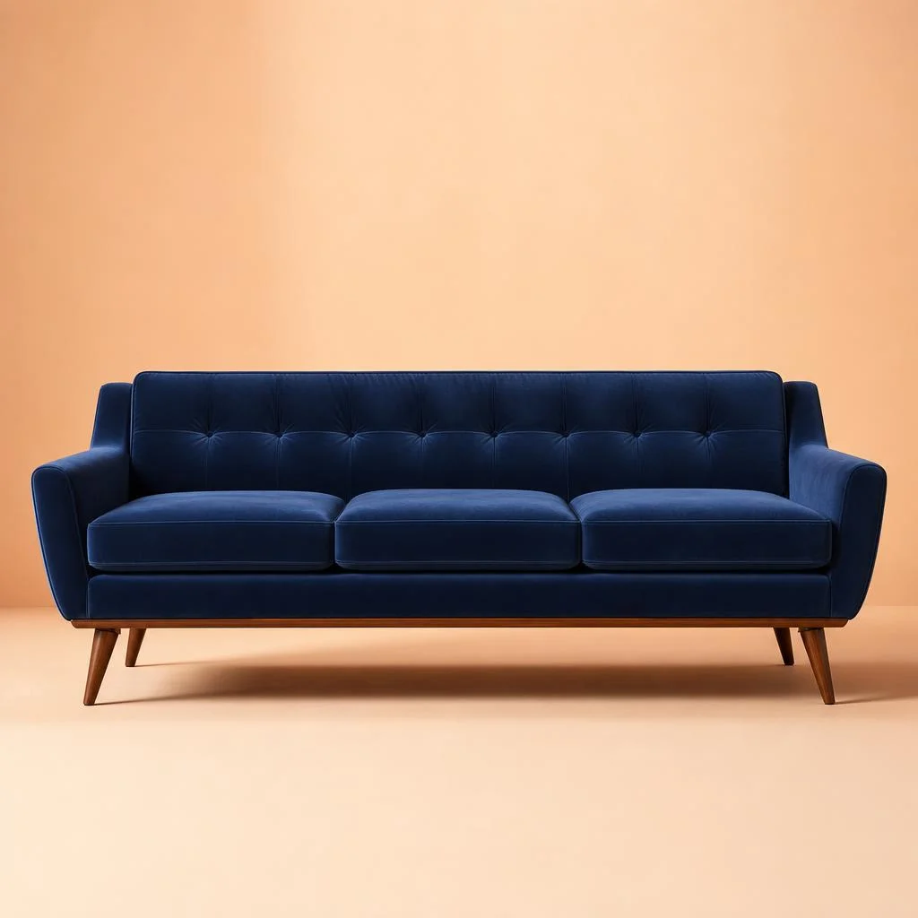 Navy velvet mid-century sofa