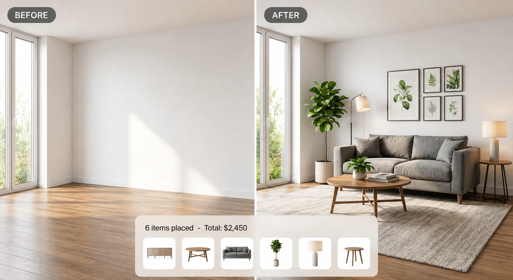 Before-and-after room visualization: an empty sunlit living room becomes a furnished room with a grey sofa, coffee tables, plant, lamps, rug, and framed artwork; a product tray identifies six placed items totaling $2,450.