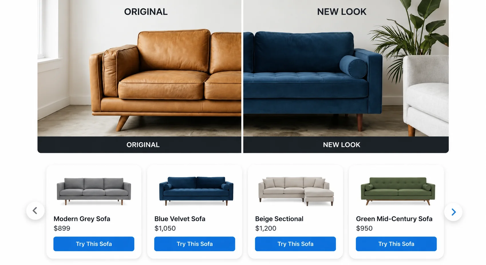 Room comparison showing an original brown sofa and a replacement blue sofa, with alternative product cards for catalogue selection.